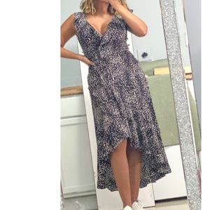 max studio patterned ruffle wrap midi dress